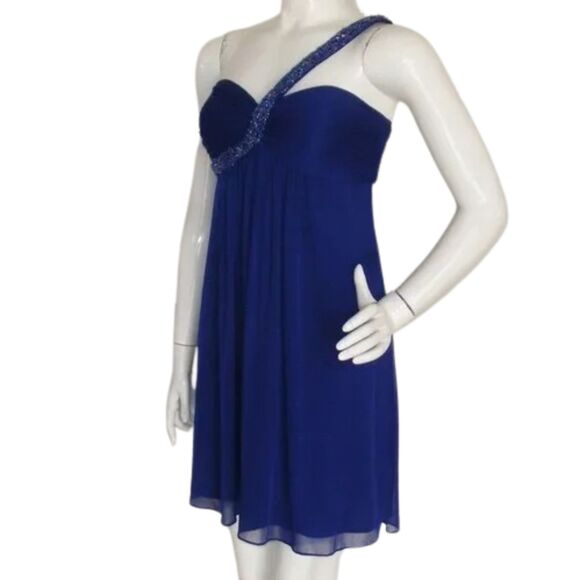 CACHE Evening Dress, XS/S, Blue, Mini, 1 strap, Beaded/Loose, Chiffon - Picture 4 of 11